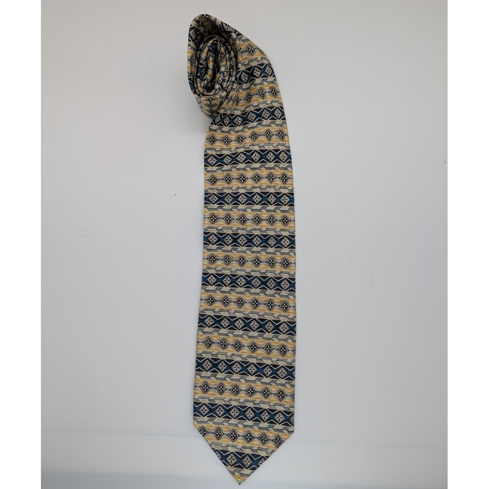 Tesoro Rosso Uomo Moda Silk Tie‎ Blue Tan Gold Geometric Abstract Handmade